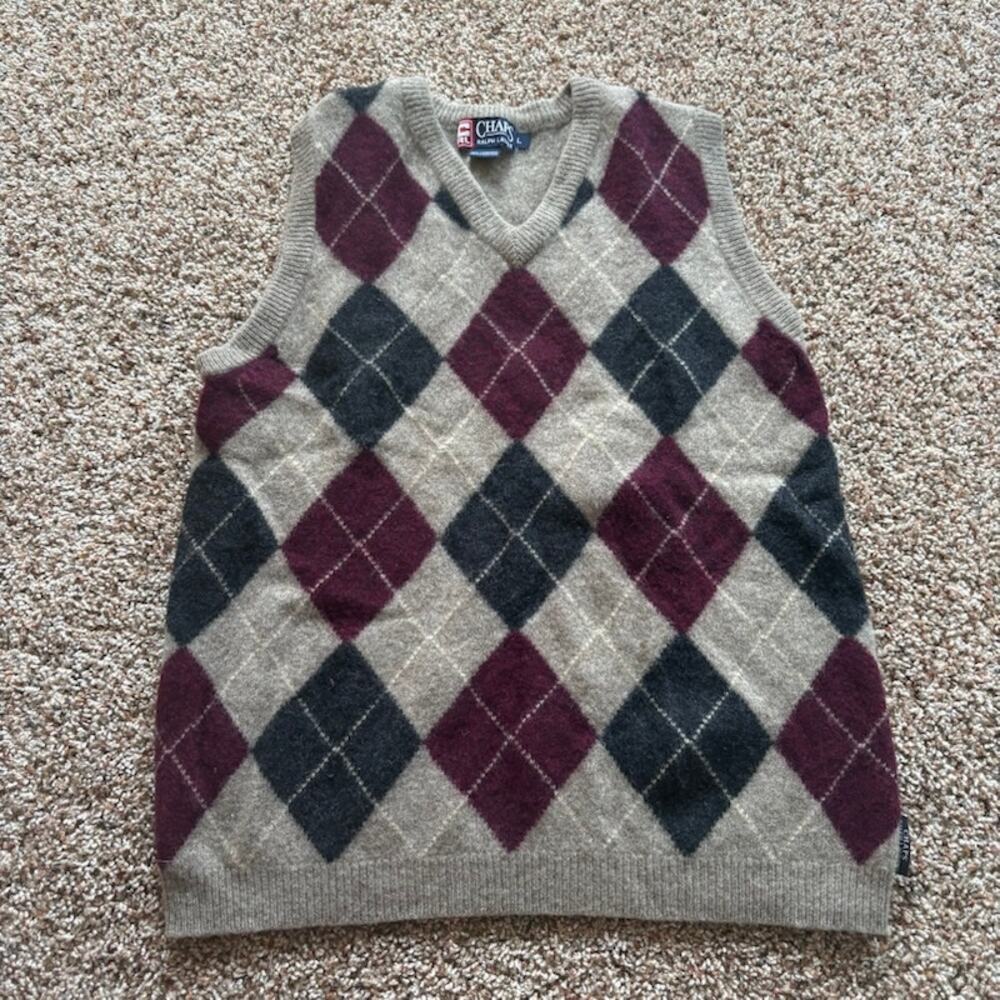 Chaps Ralph Lauren Lambswool Vest Sweater Mens L Argyle Brown Maroon Red Grandpa
